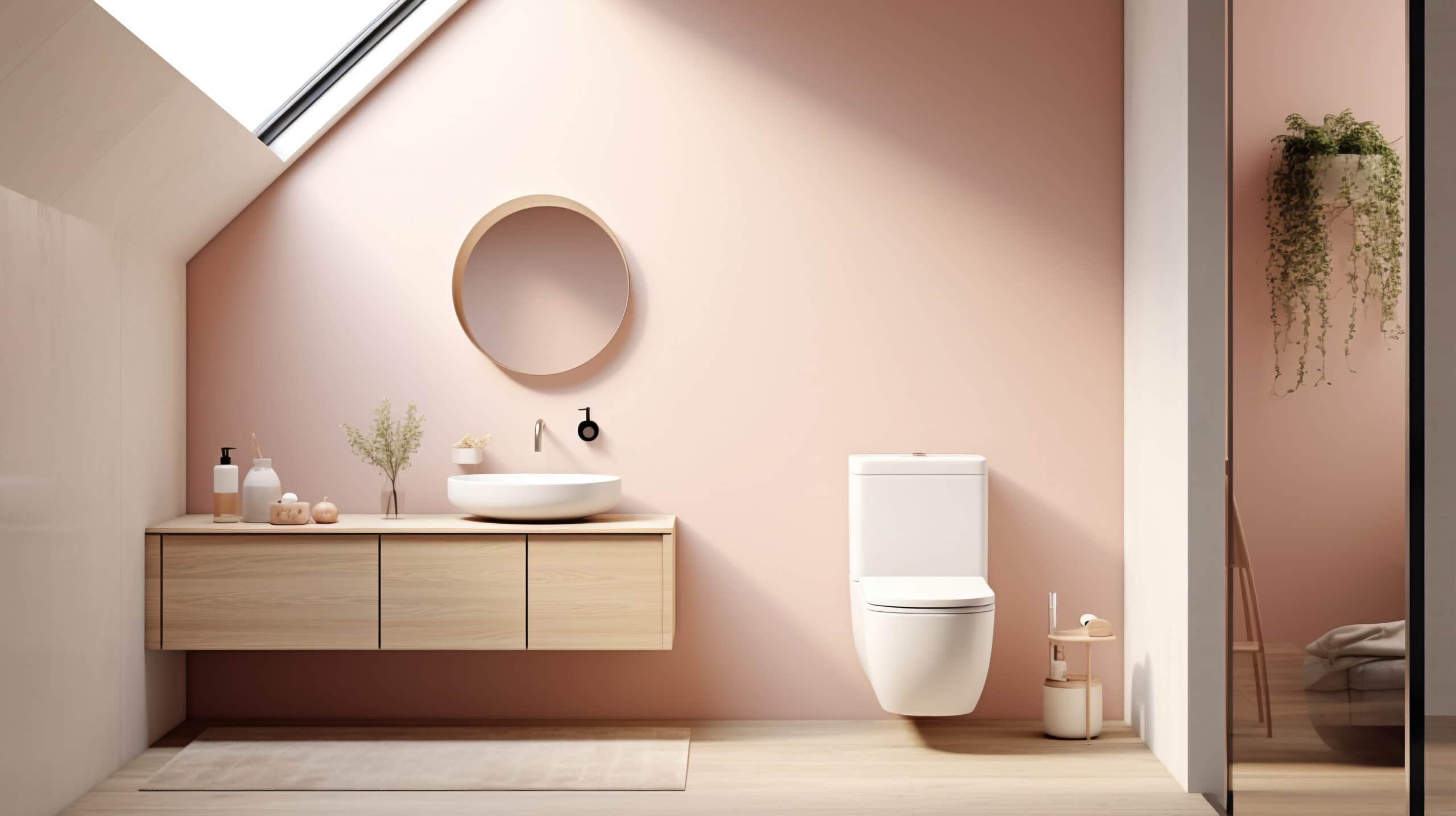 Eğimli tavanın altında ahşap banyo dolabı, yuvarlak ayna ve klozet